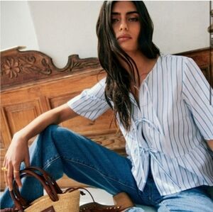 SÉZANE Lleana Striped Tie Front Crop Blouse Ecru/Blue 34 NWOT